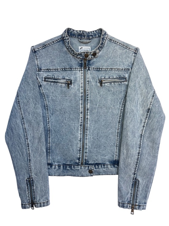 Stoosh Jackets & Blazers - Cropped Acid Wash Denim Moto Jacket Blue L 100% Cotton